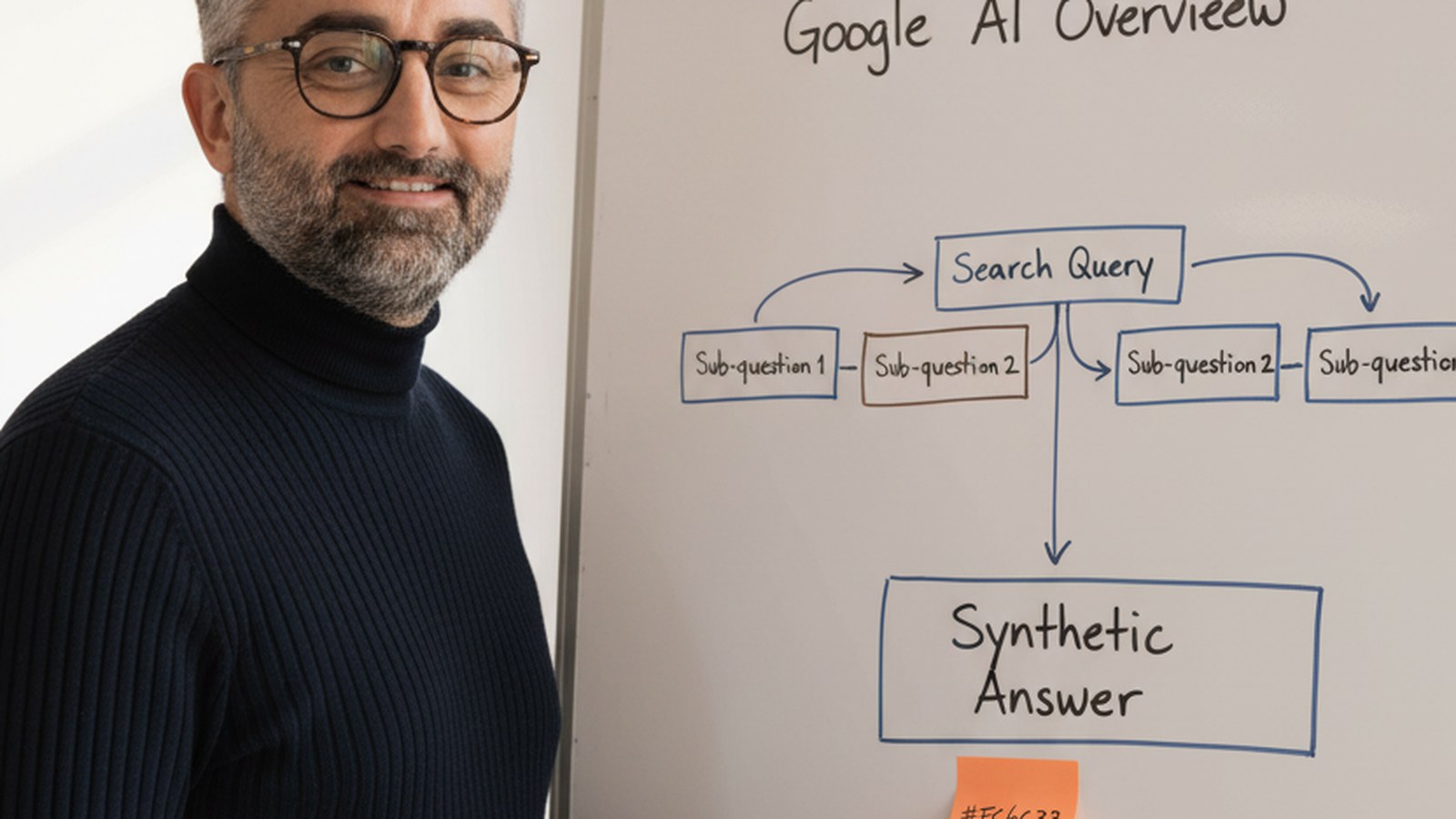 Mathieu Saudel devant un whiteboard expliquant Google AI Overviews et l'Information Gain, espace coworking Agen 2026
