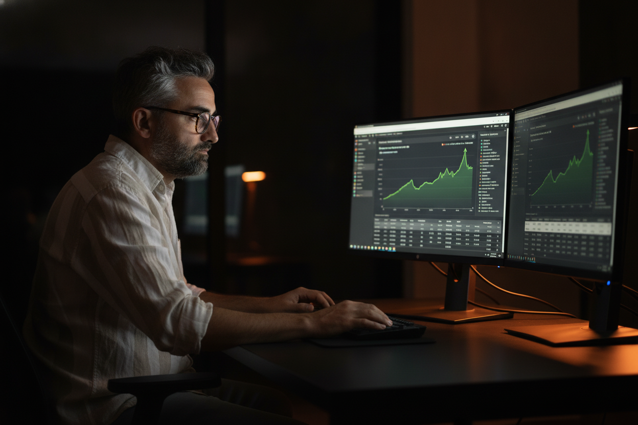 Mathieu Saudel consultant SEO analyse un audit de positionnement Google sur laptop - tableau de bord Search Console - PME 2026