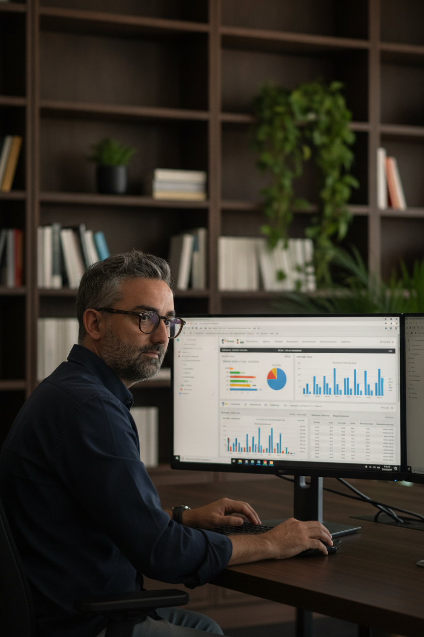 Mathieu Saudel consultant SEO analysant un audit e-commerce sur ordinateur, Agen Lot-et-Garonne
