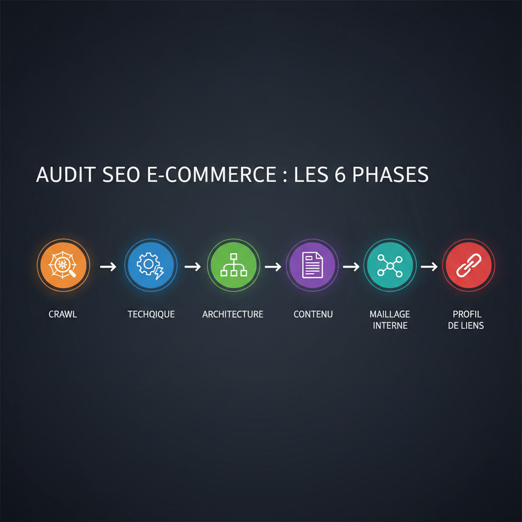 Schema des 6 phases d'un audit SEO e-commerce - crawl, technique, architecture, contenu, maillage, liens