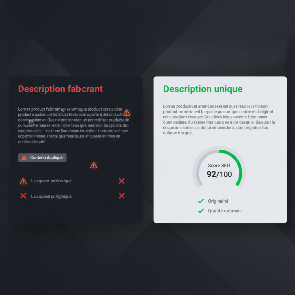 Comparaison fiche produit avec description generique vs description unique optimisée SEO e-commerce