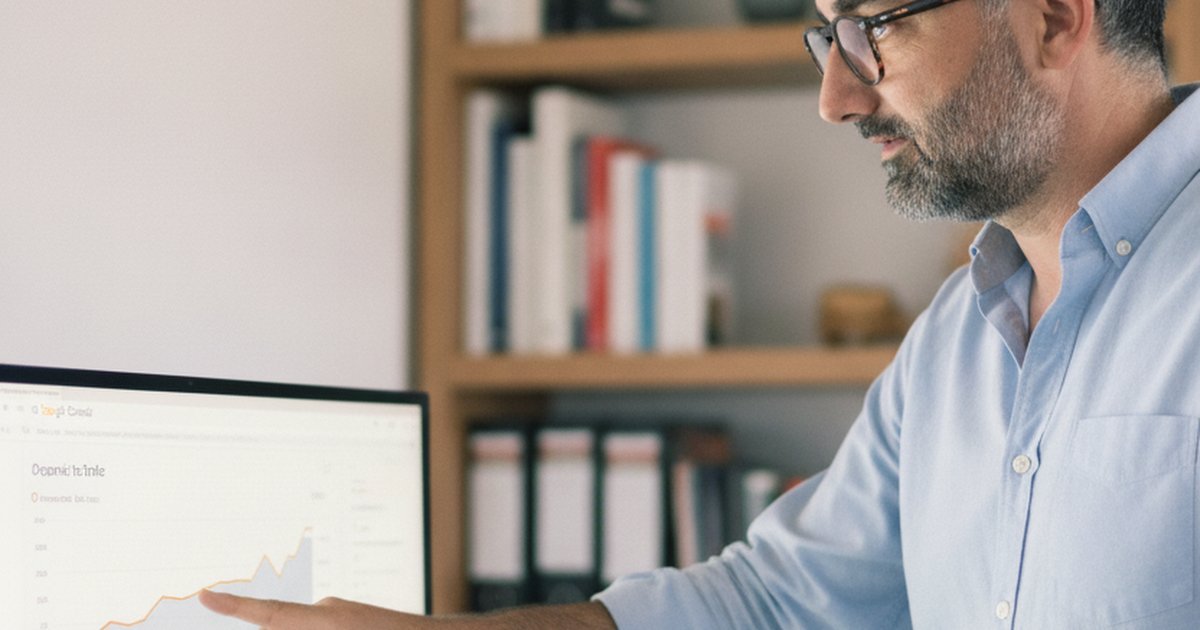 Consultant SEO Mathieu Saudel analysant un rapport Google Search Console sur écran