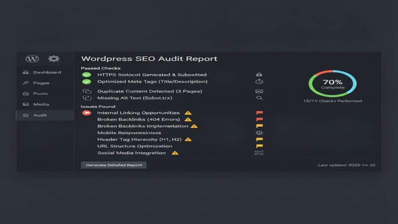 Checklist d'audit SEO WordPress affichée sur écran, avec les 15 points vérifiés par un consultant SEO PME