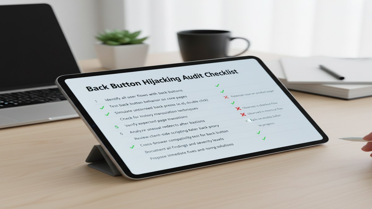 Checklist de correction back button hijacking sur un ecran de consultant SEO avec liste de plugins a auditer et statuts de correction