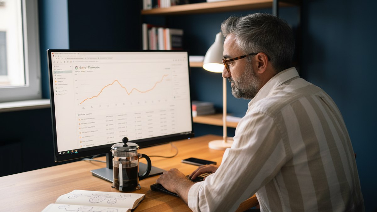 Mathieu Saudel devant un écran montrant un dashboard de suivi du citation rate IA avec courbes mensuelles