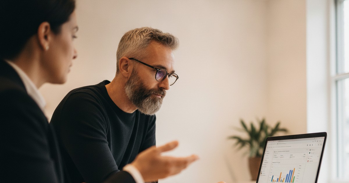 Comparatif prestataires SEO pour PME : consultant indépendant au bureau avec tableau de bord SEO affiché