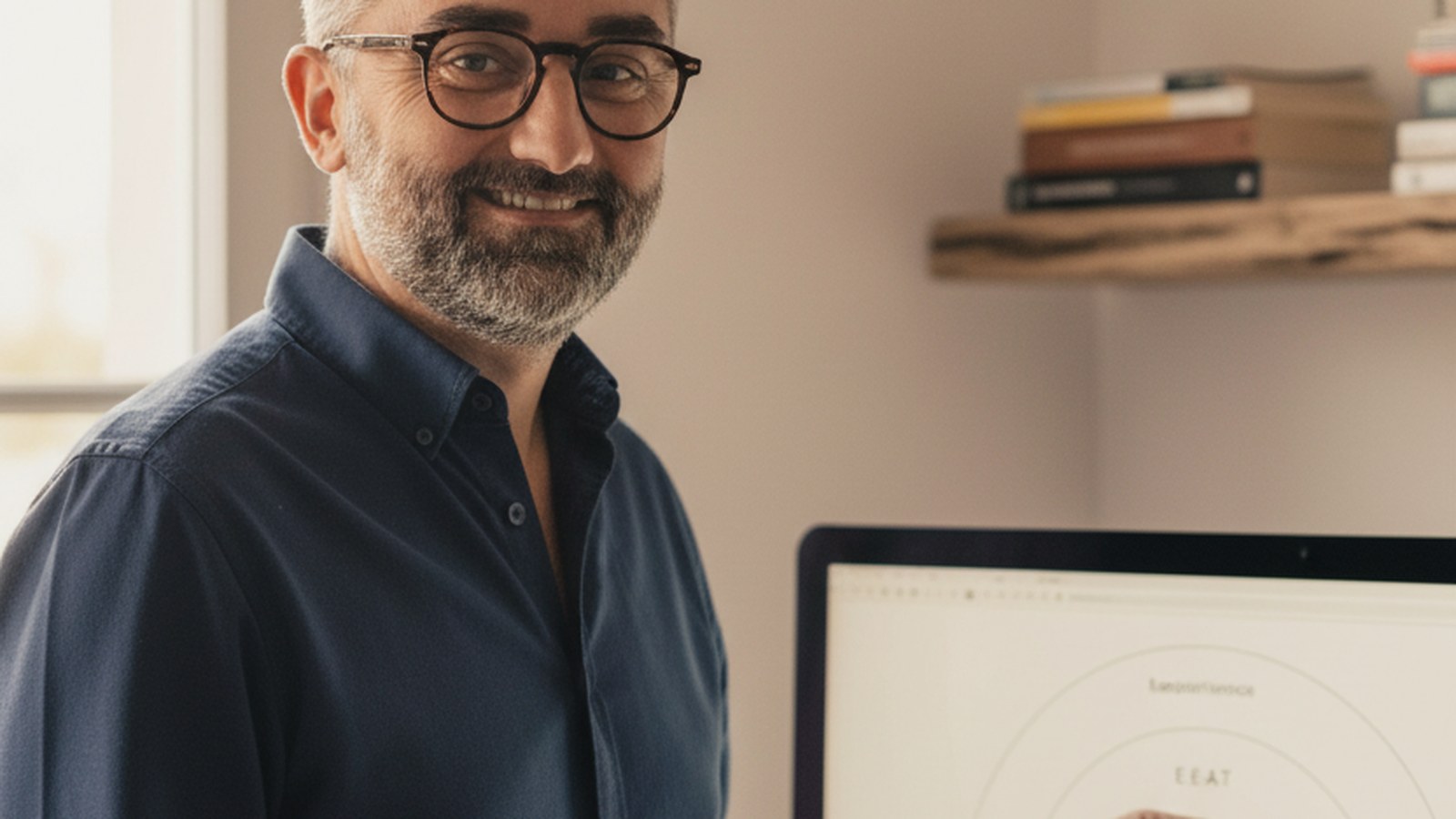 Mathieu Saudel devant un schéma EEAT à 4 piliers, consultant SEO Agen