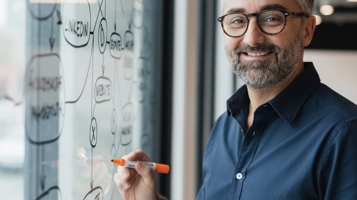 Mathieu Saudel devant un whiteboard décrivant l'entity graph d'un auteur