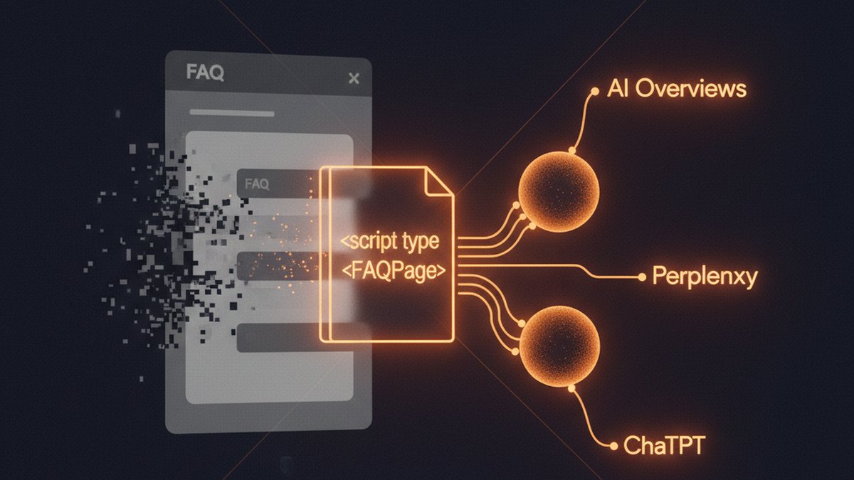 Illustration éditoriale : la FAQ rich result Google s'évapore en SERP tandis que les IA (Perplexity, ChatGPT, AI Overviews) aspirent encore le balisage FAQPage