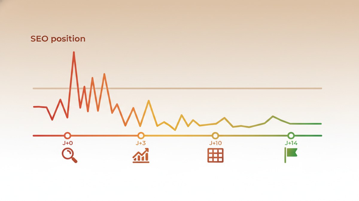 Timeline visuelle du rollout core update mai 2026, J+0 à J+14, avec phases diagnostic monitoring analyse