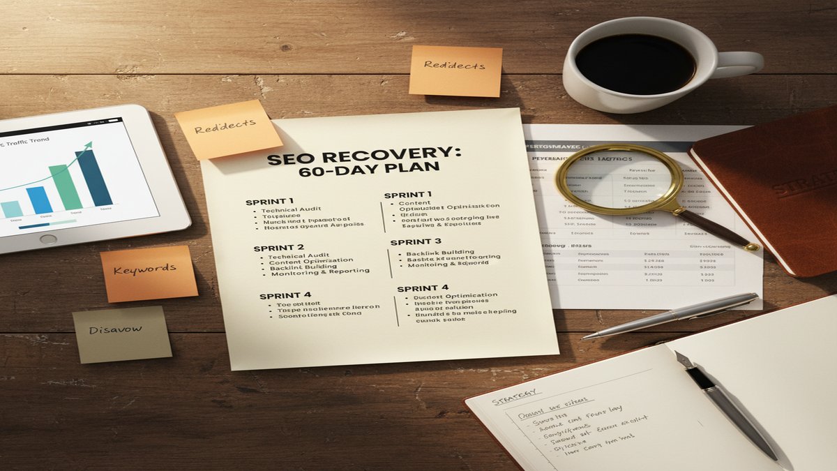 Plan de récupération sur 60 jours après un Google Core Update défavorable : 4 sprints de 15 jours détaillés par Mathieu Saudel, consultant SEO à Agen