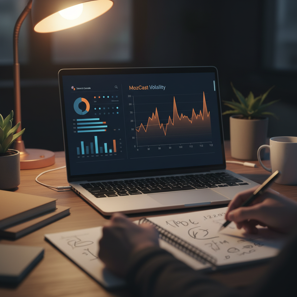 Mathieu Saudel décortique la courbe MozCast et la corrèle aux clics Search Console d'un client PME pendant le rollout May 2026 Core Update