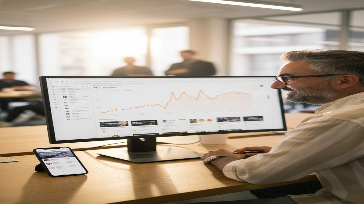 Mathieu Saudel, consultant SEO Again Marketing, analyse le tableau de bord Google Discover d'un client PME depuis son bureau à Agen