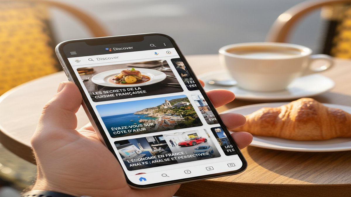 Flux Google Discover sur mobile montrant des cartes de contenu personnalisé sur la thématique gastronomique et cuisine