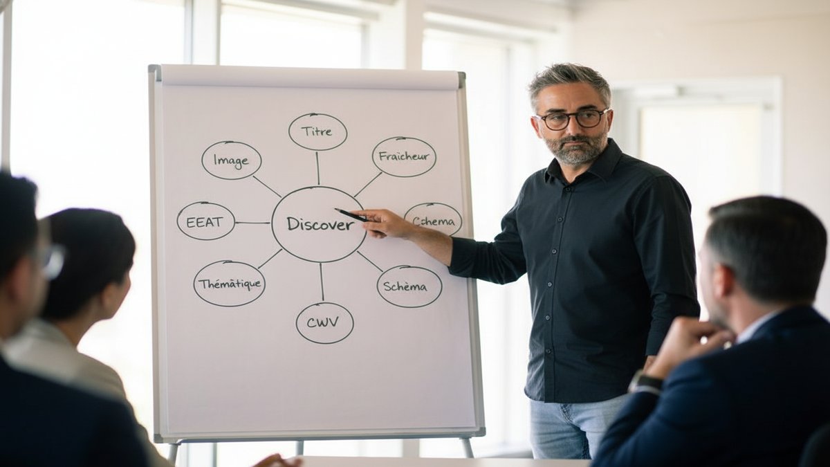 Mathieu Saudel consultant SEO devant un tableau blanc expliquant la stratégie Discover à des dirigeants de PME lors d'un atelier à Agen