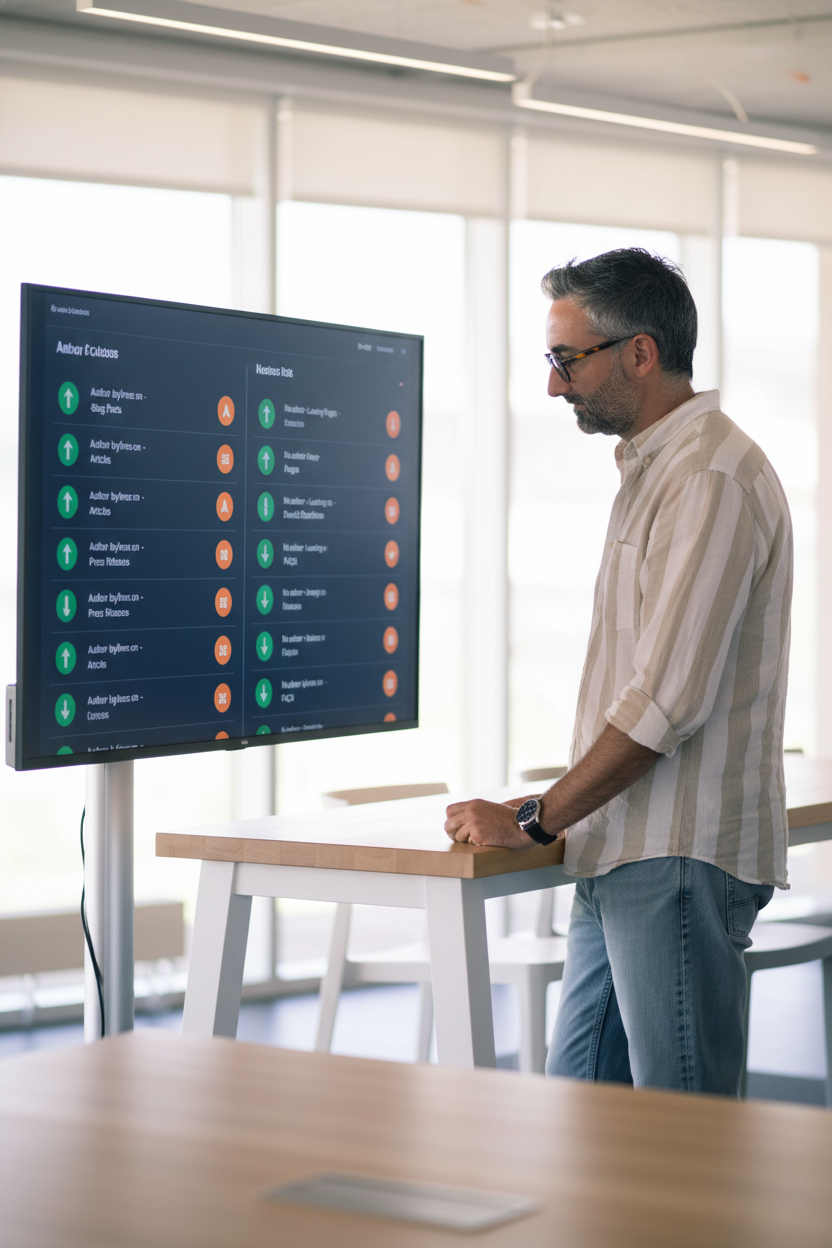 Tableau de bord SEO sur écran montrant la corrélation entre absence d'auteur nommé et perte de positions pendant le Core Update mai 2026