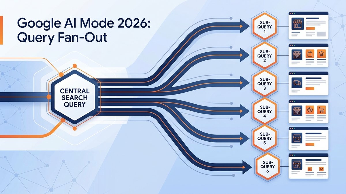 Schéma query fan-out Google AI Mode 2026 : une requête principale éclatée en sous-requêtes traitées en parallèle