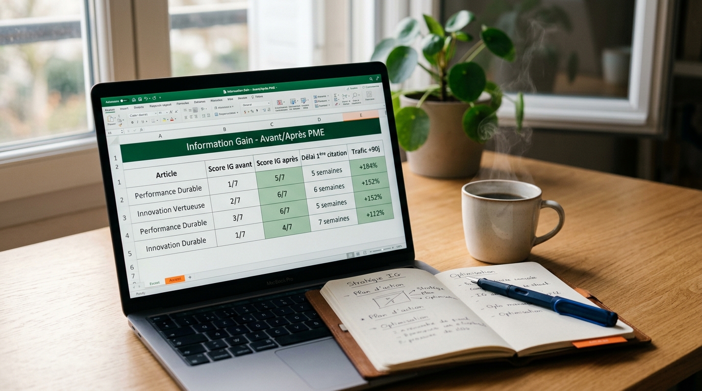 Tableau Excel comparant 4 articles PME avec leurs scores Information Gain avant et après retravail