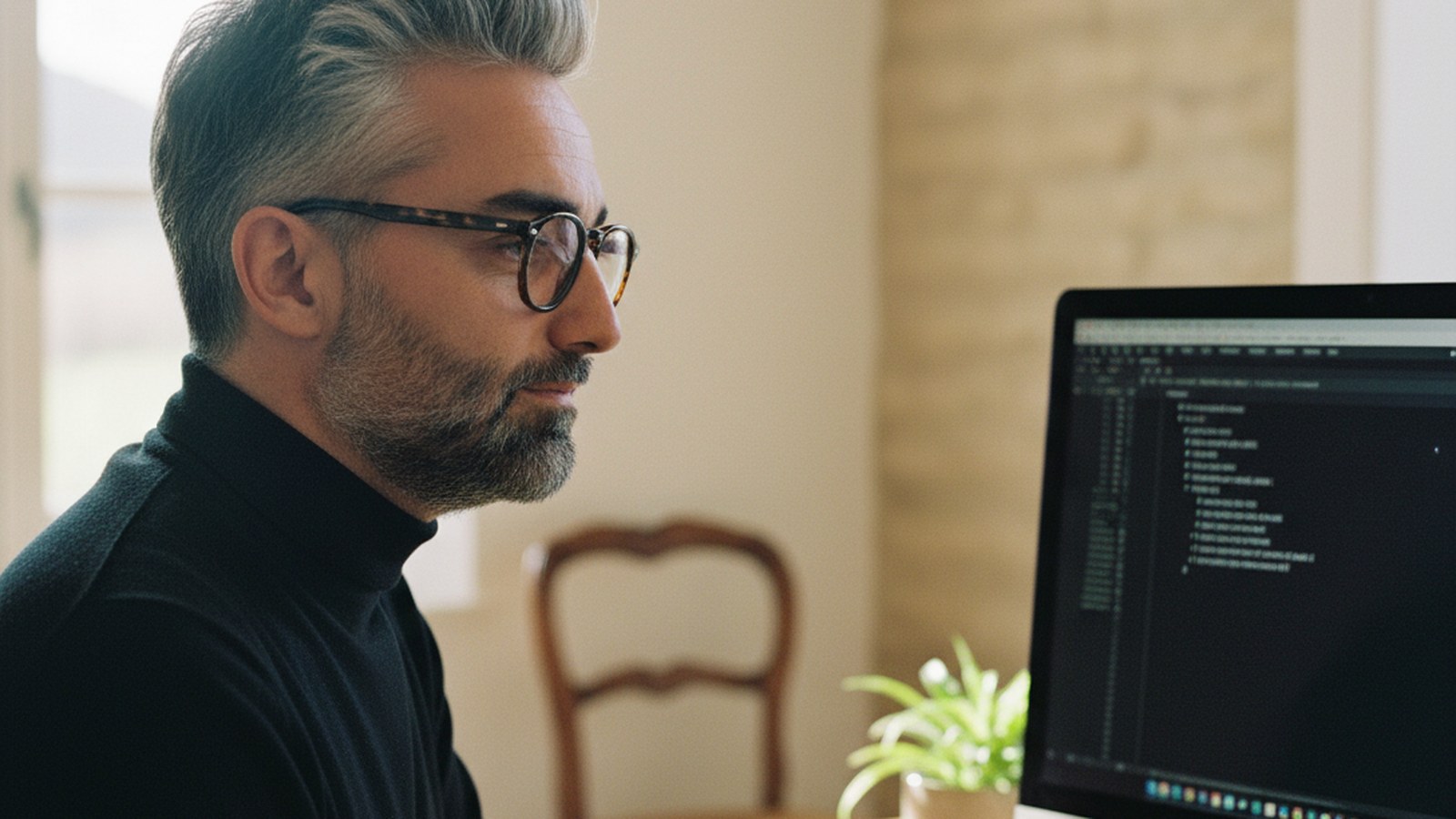 Mathieu Saudel inspecte un fichier llms.txt sur ecran de portable, terrasse cafe Agen, lumiere chaude, contexte consultant SEO Lot-et-Garonne 2026