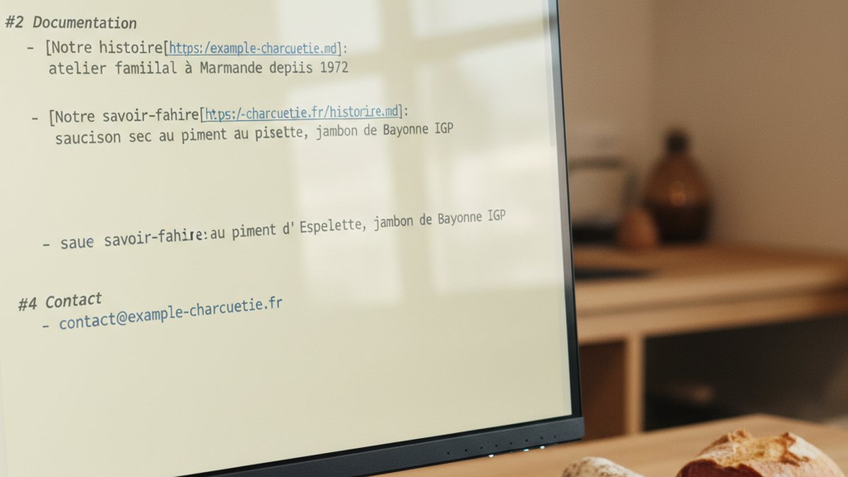 Capture d ecran du fichier llms.txt d une charcuterie artisanale Lot-et-Garonne, code Markdown structure sur fond clair, exemple PME 2026