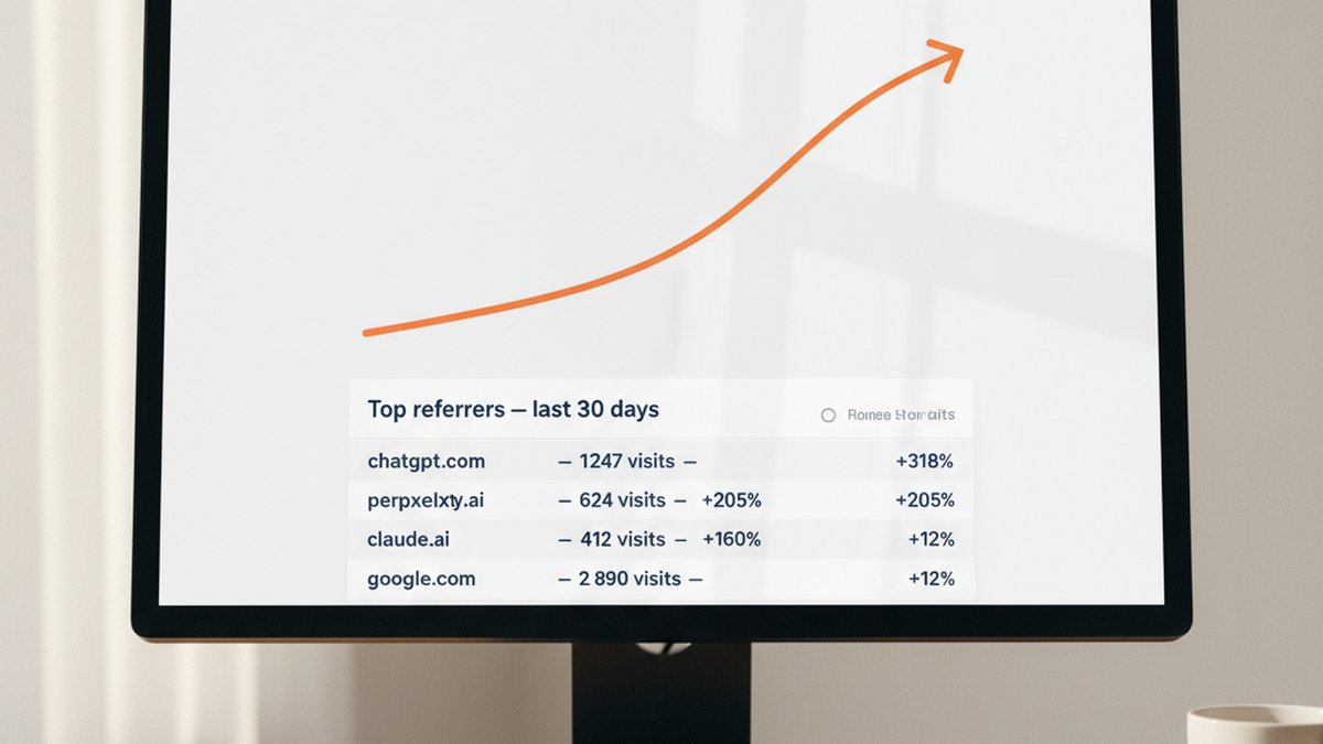 Tableau de bord analytics SEO montrant le trafic referrer chatgpt.com et perplexity.ai en hausse sur 30 jours, contexte mesure visibilite IA pour PME