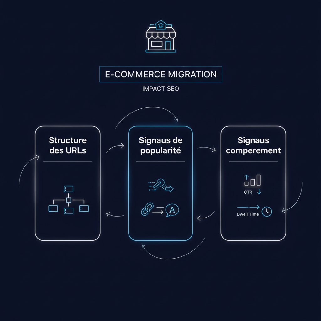 Schéma des trois piliers SEO impactés lors d'une migration e-commerce : URLs, backlinks, comportement utilisateur