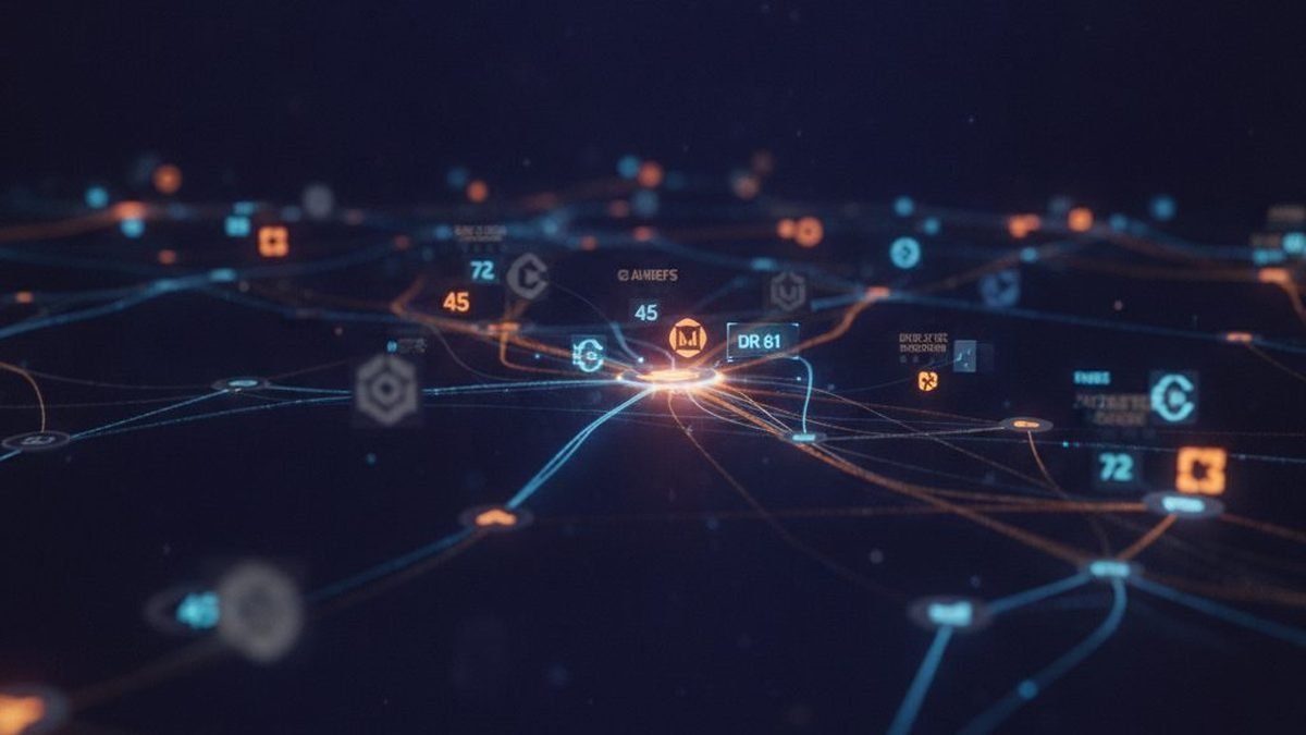 Visualisation d'un réseau de backlinks : nœuds de domaines connectés par des lignes de liens entrants