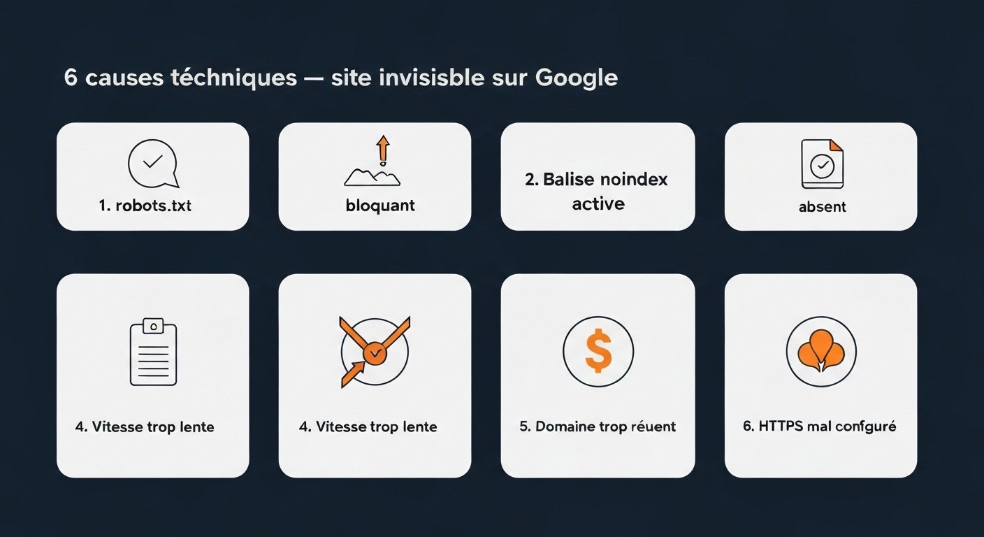 Schéma des causes techniques d'un site invisible sur Google : robots.txt, noindex, sitemap, vitesse