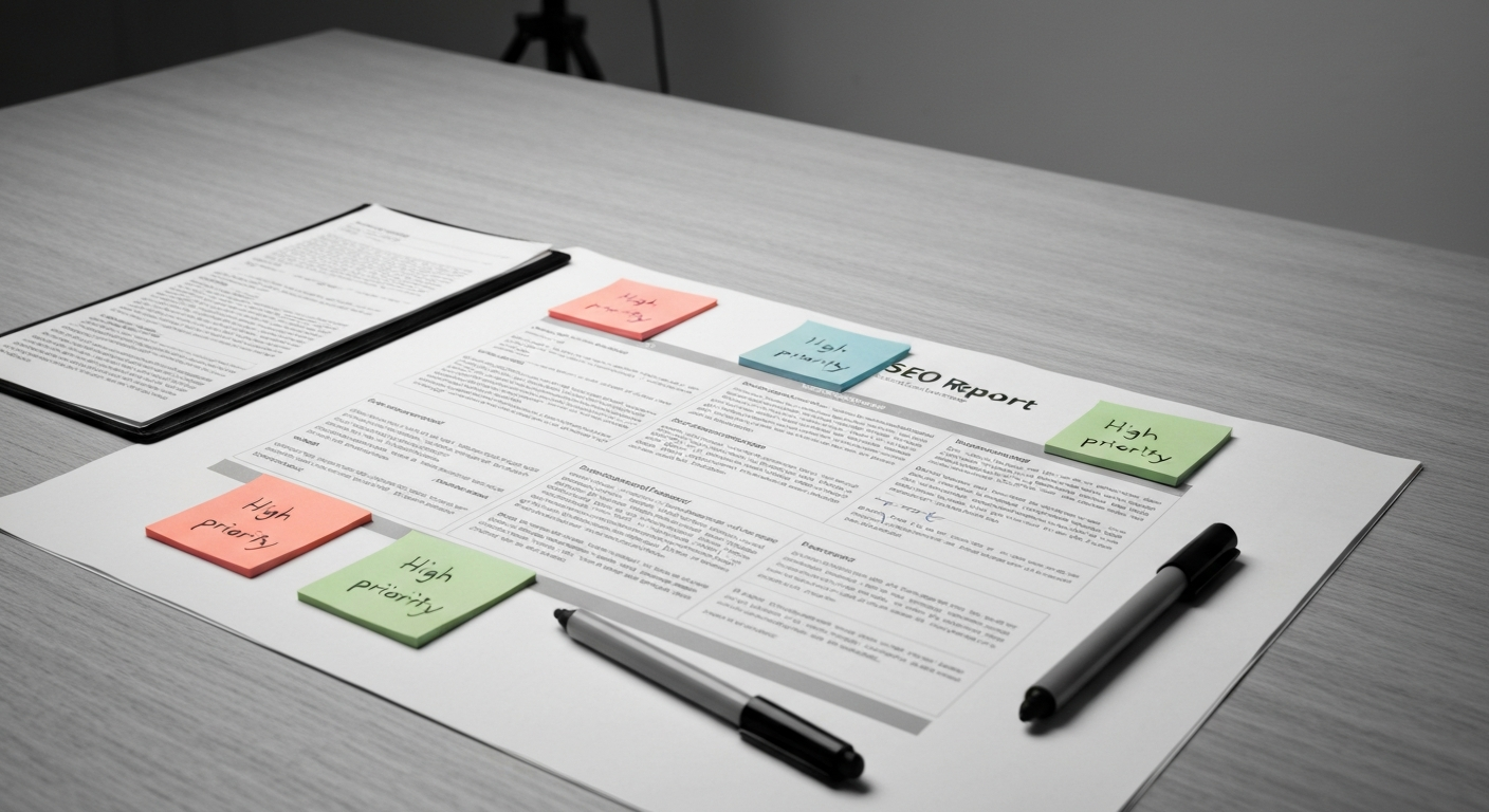 Exemple de livrable audit SEO professionnel presente sur ecran : plan d'action priorise avec indicateurs d'impact et d'effort, style consultant independant