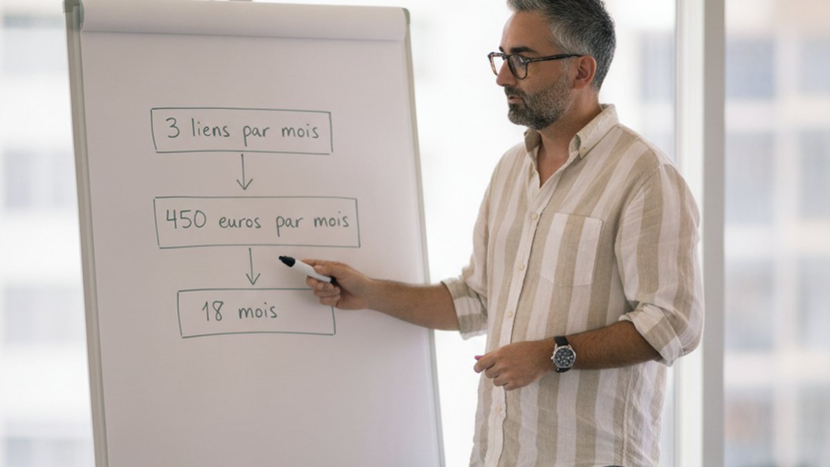 Consultant SEO Mathieu Saudel explique le budget d'une campagne netlinking sur tableau blanc