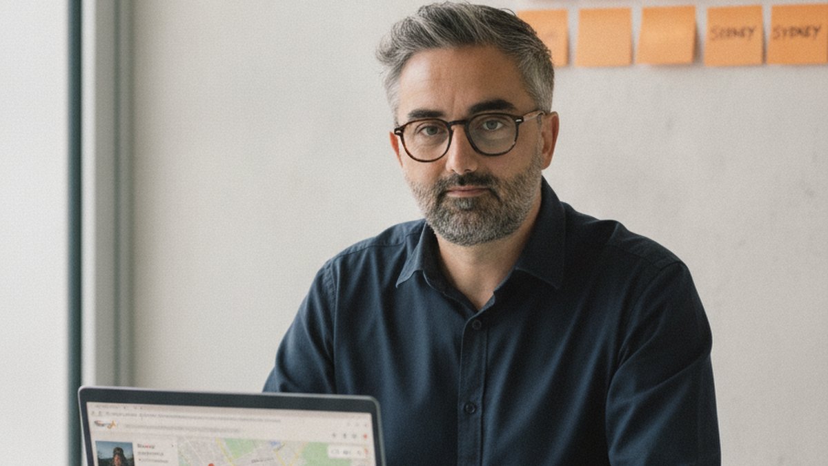 Mathieu Saudel consultant SEO devant une carte Google Maps avec pack local visible