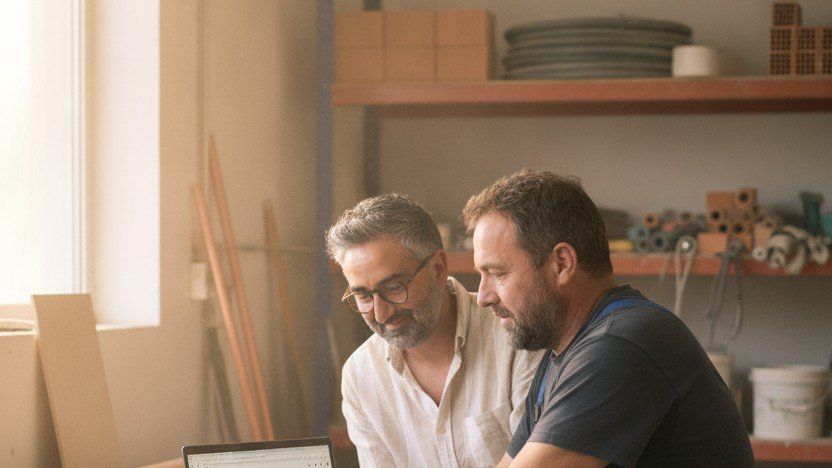 Consultant SEO Mathieu Saudel expliquant le référencement local à un artisan BTP