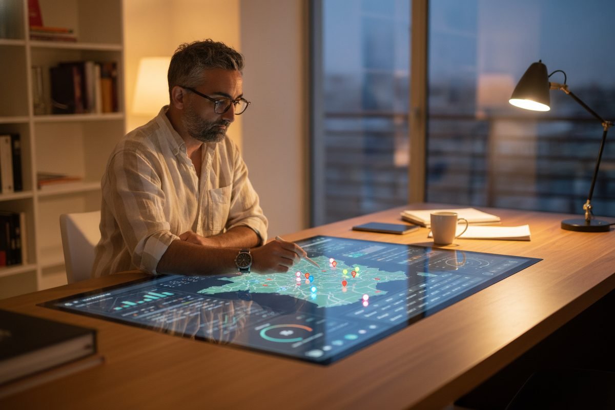 Mathieu Saudel consultant SEO analyse une stratégie multi-établissements sur un tableau de bord digital
