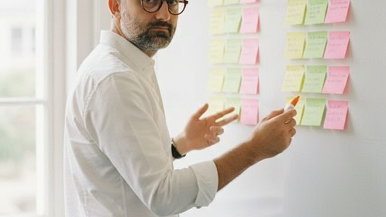 Mathieu Saudel travaille sur la stratégie SEO multi-établissements d'une PME, whiteboard avec arborescence des fiches Google et pages ville sur le site web