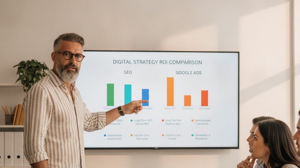 Mathieu Saudel consultant SEO analyse les résultats Google Ads et SEO sur un tableau de bord depuis son bureau à Agen