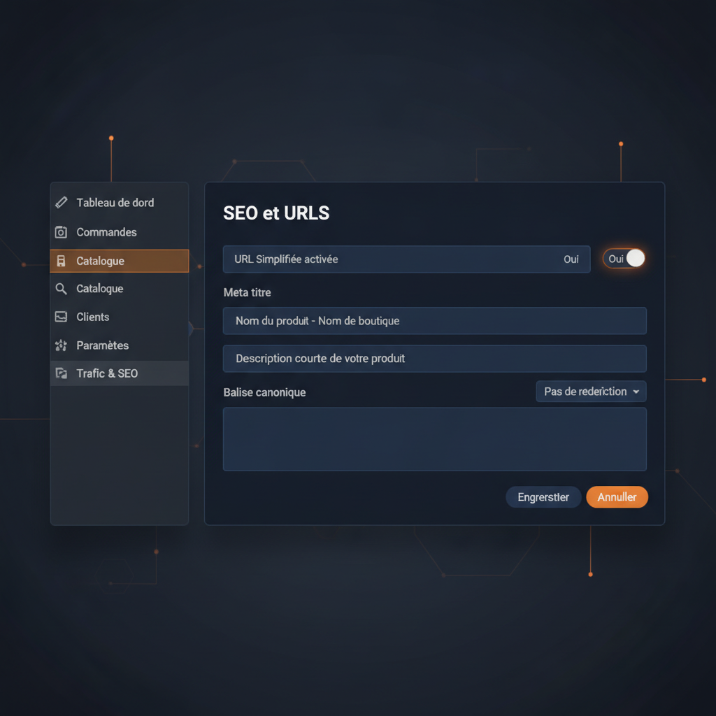 Ecran de back-office PrestaShop montrant les parametres SEO et URLs avec configuration des URL simplifiees