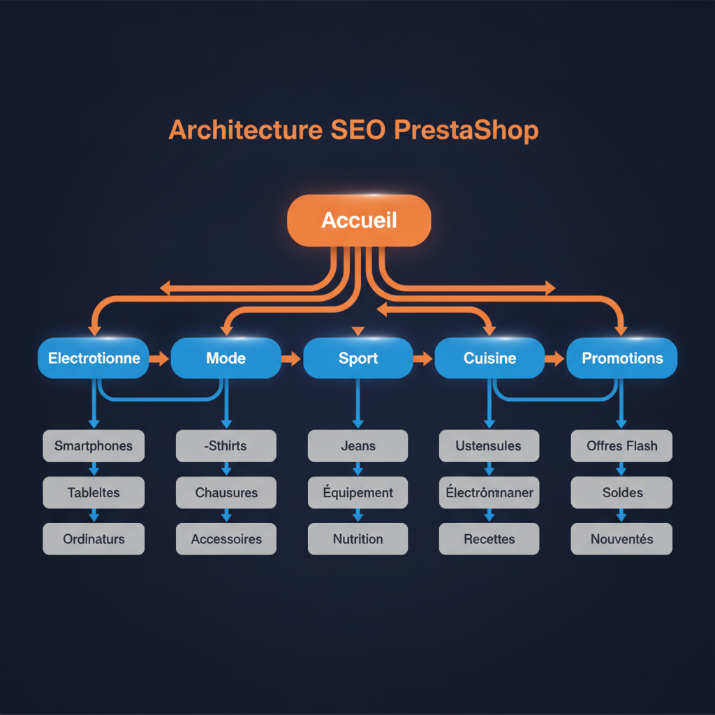 Schema de maillage interne d'une boutique PrestaShop optimisee pour le SEO avec architecture categories produits blog