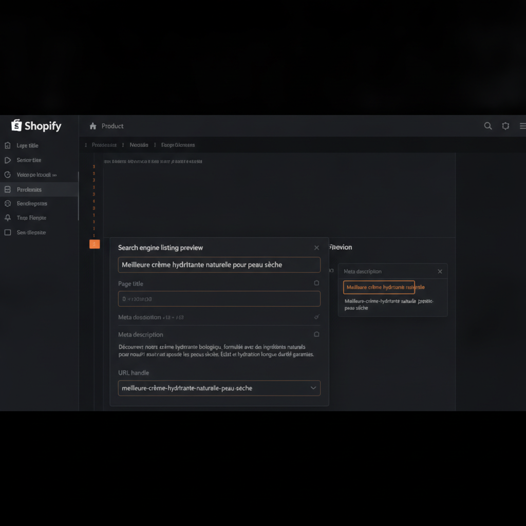 Interface d'une boutique Shopify montrant l'optimisation des balises title et meta description sur une fiche produit