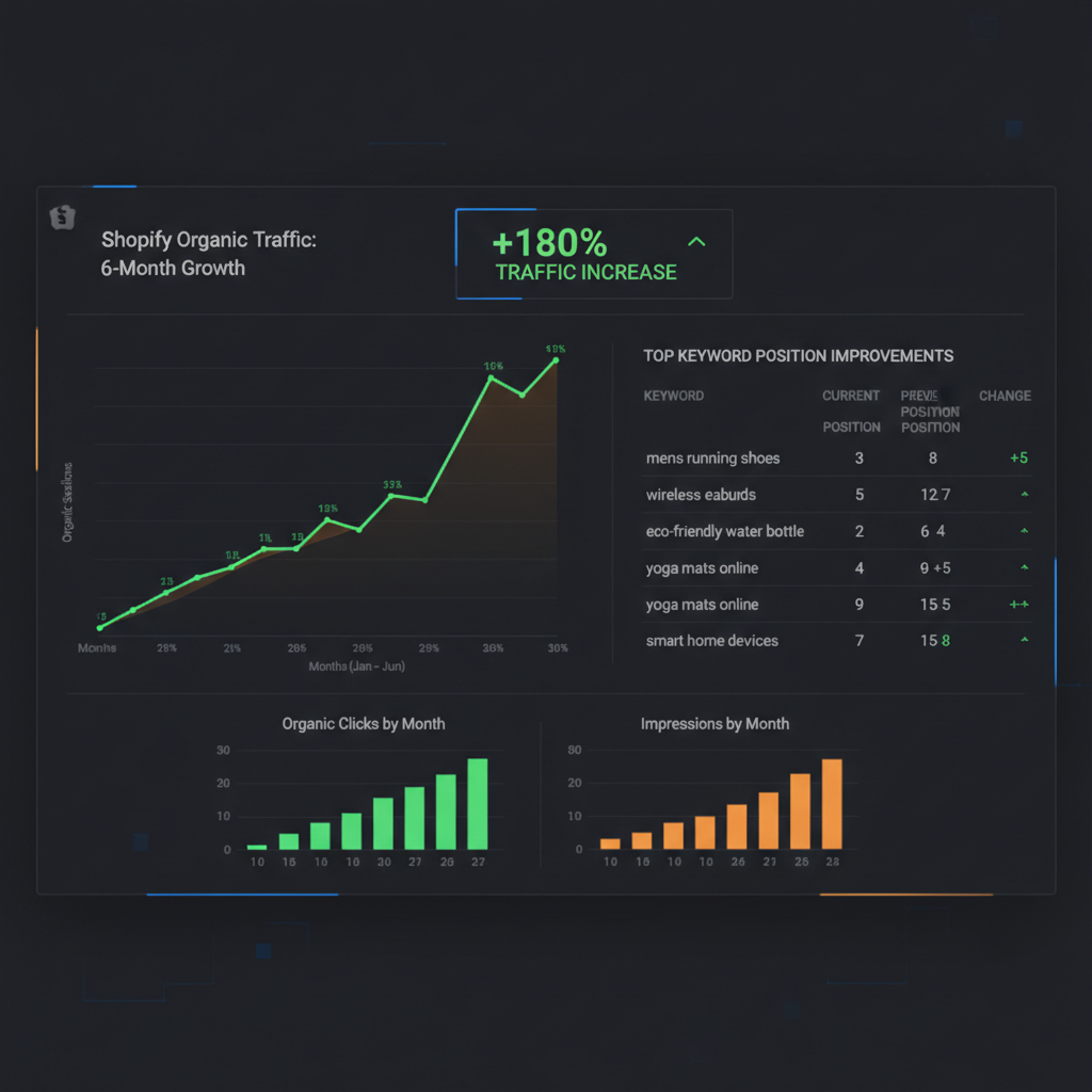 Dashboard Google Search Console d'une boutique Shopify avec la courbe de progression du trafic organique sur 6 mois