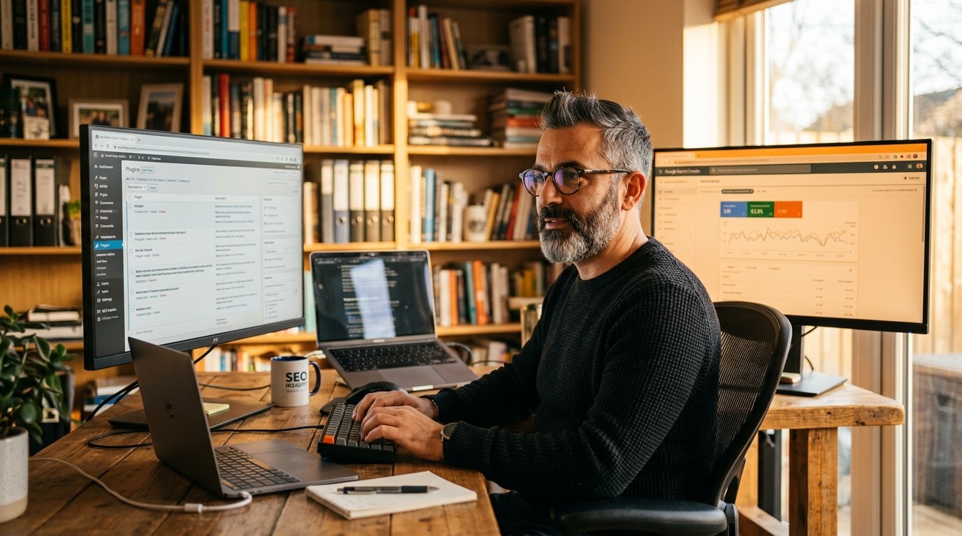 Mathieu Saudel, consultant SEO Agen, devant un écran WordPress avec données Google Search Console