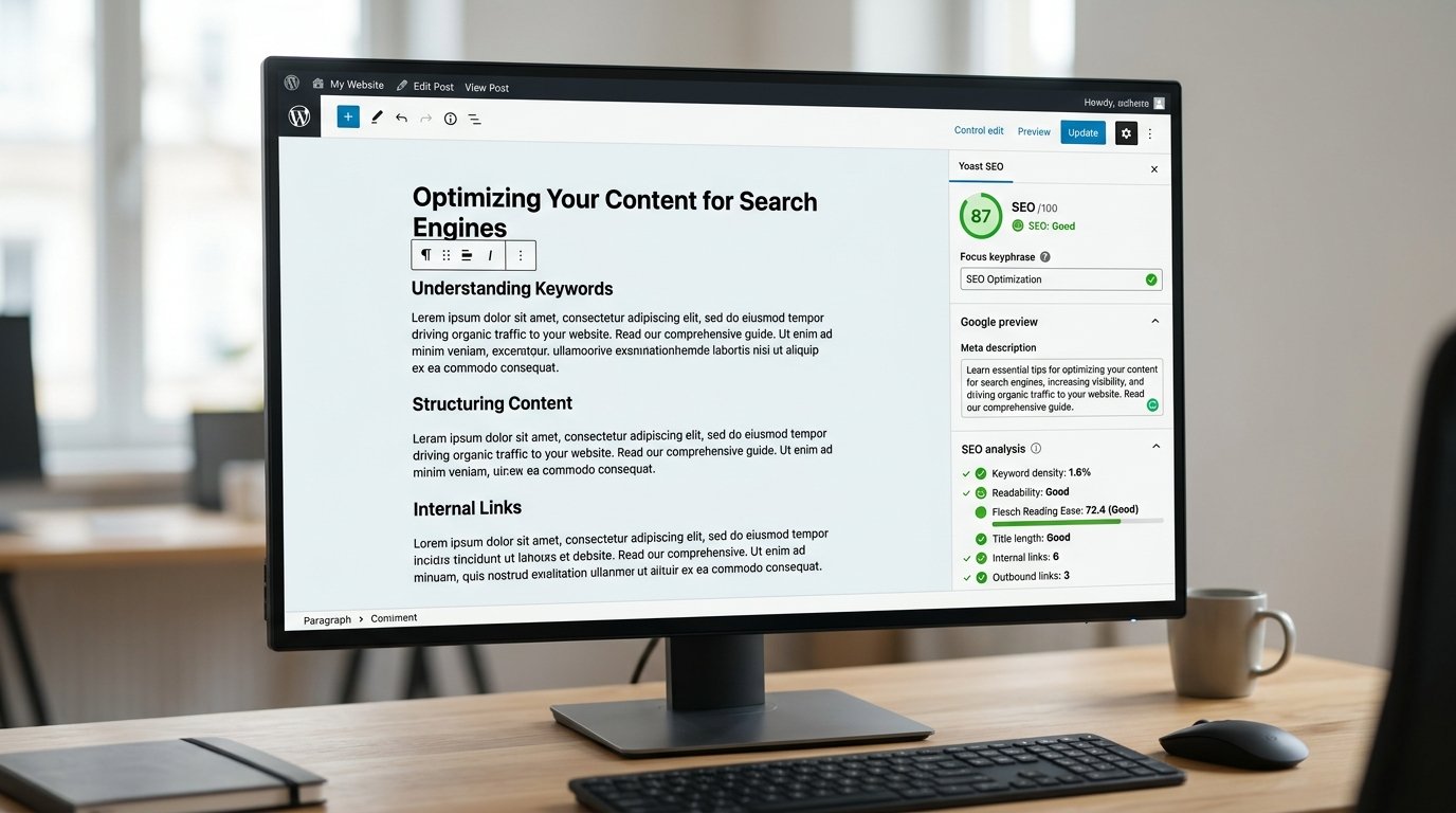 Interface WordPress avec plugin Rank Math affiché, configuration SEO d'un article PME