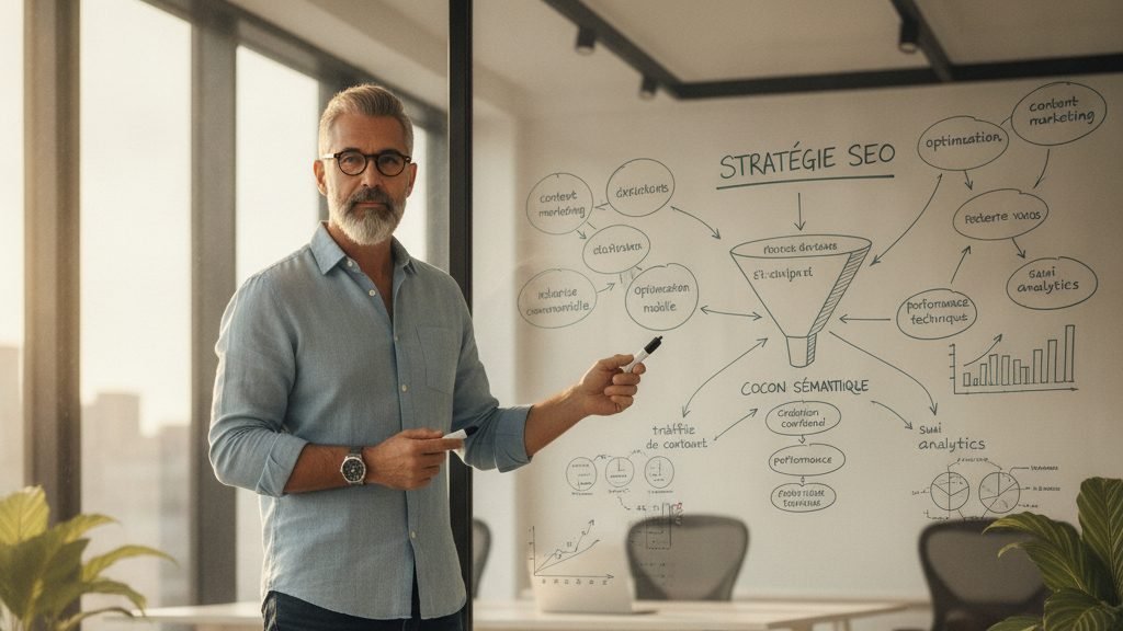 Mathieu Saudel consultant SEO explique sa stratégie de contenu SEO pour PME sur tableau blanc