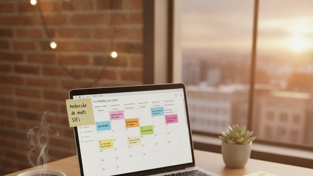 Tableau de bord d'analyse SEO PME avec calendrier éditorial et mots-clés ciblés