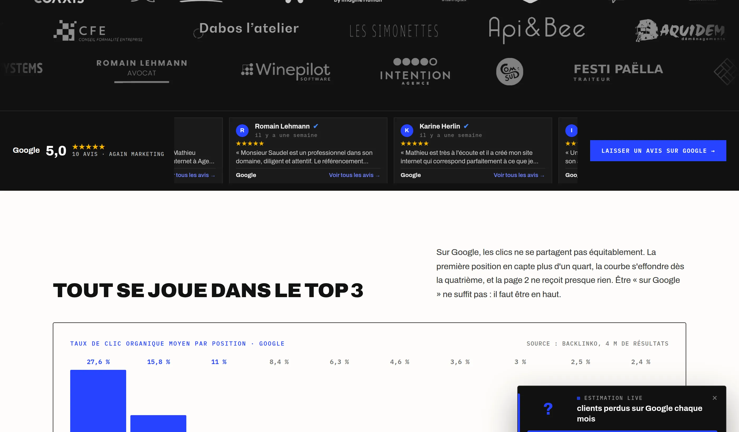 Interface du calculateur de clients perdus : saisie du mot-clé et résultat chiffré