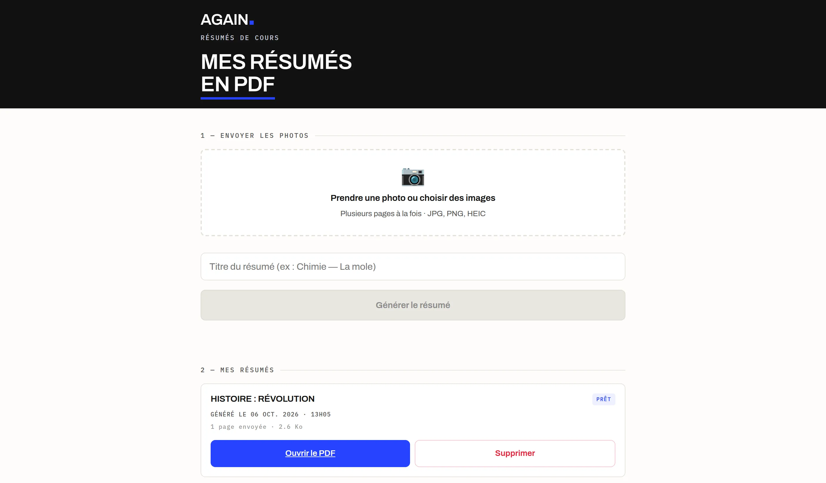 Interface de l'outil de synthèse documentaire : dépôt de fichiers et liste des documents produits